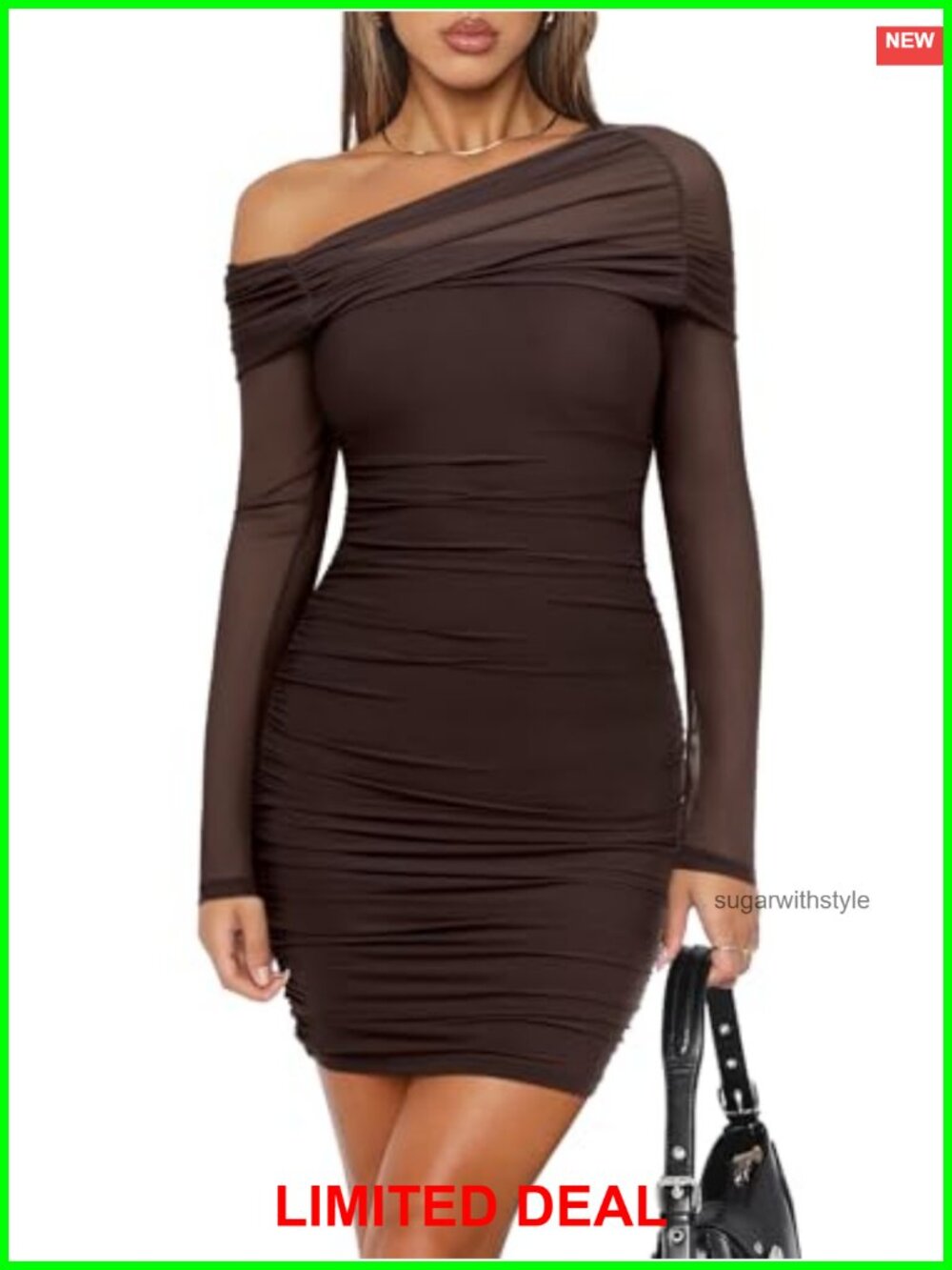 Long Sleeve Mini Dress One Shoulder Sheer Mesh Ruched Bodycon Party Club Night